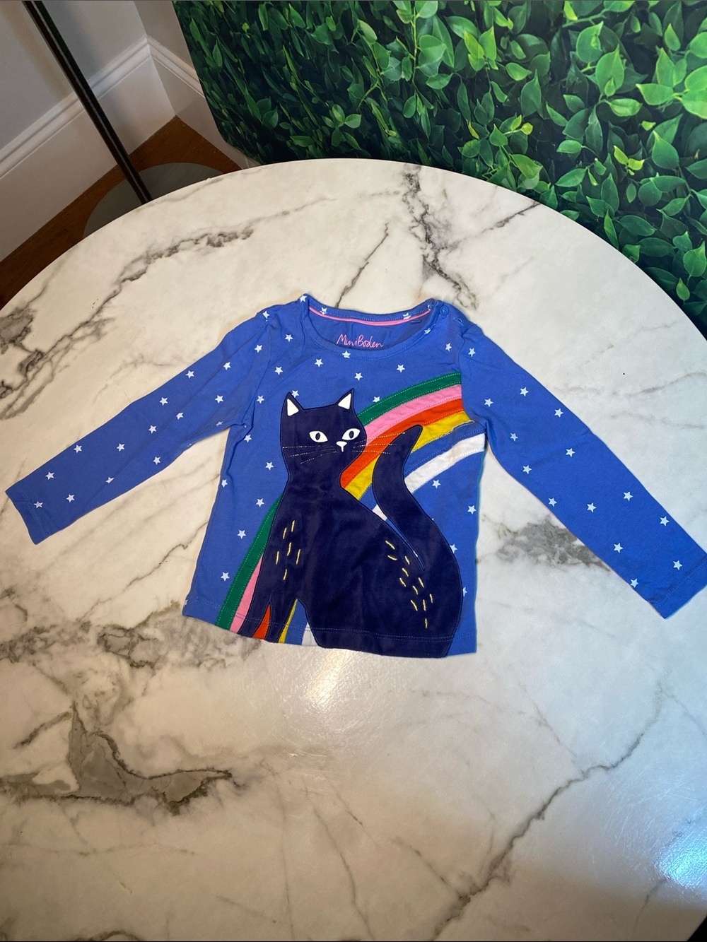 Mini Boden Blue Long-Sleeve Cat Top with Rainbow Graphic 2-3Y
